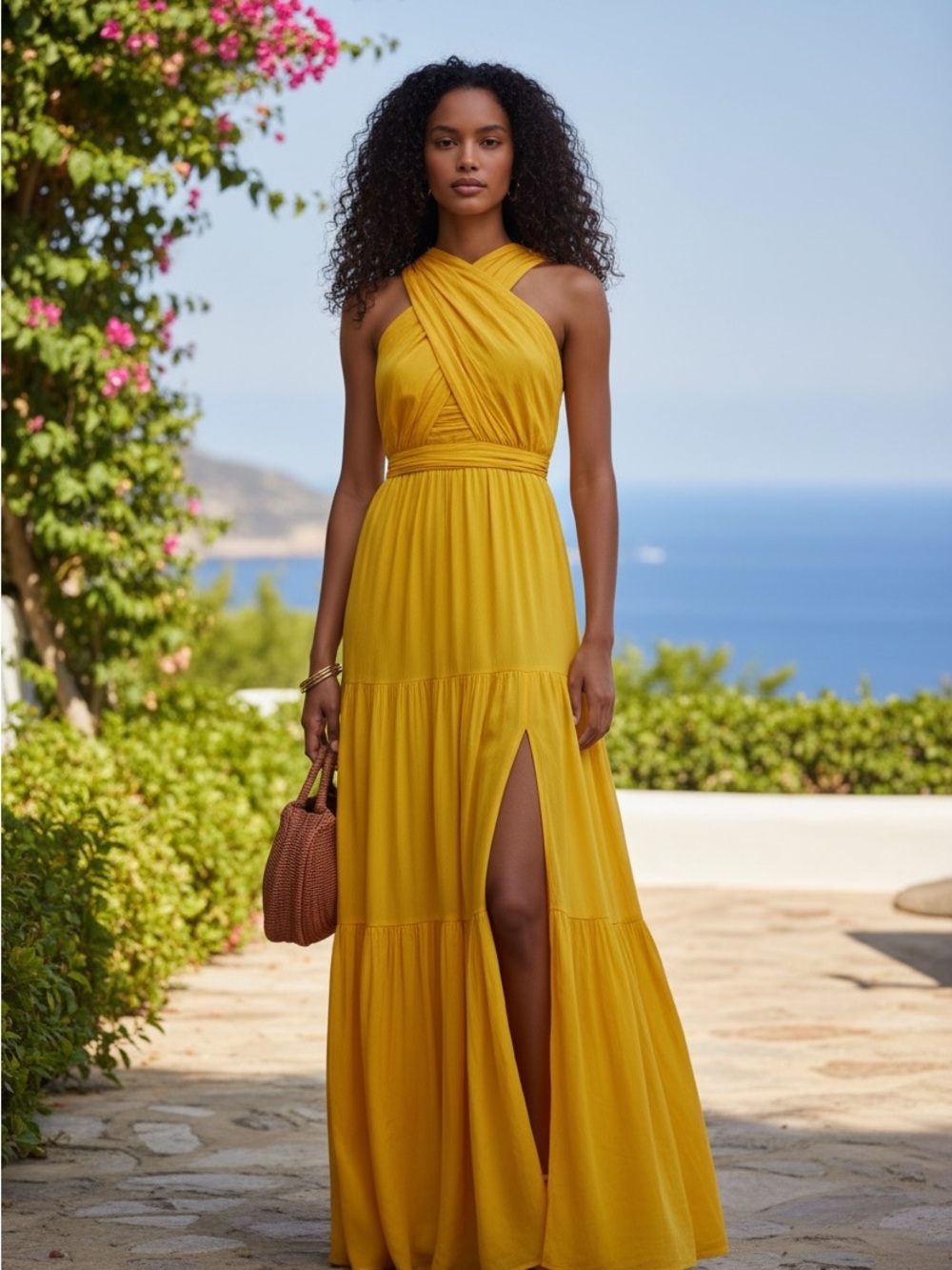Veronica Beard Mustard Yellow Halter Maxi Dress with Side Slit